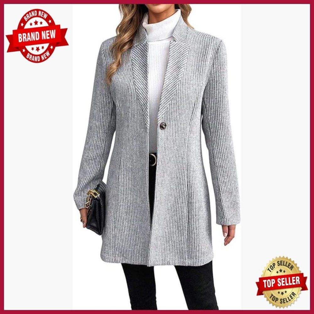Long Sleeve Wool Pea Coat Blazer, Mid-Length Stand Collar Open Front Overcoat